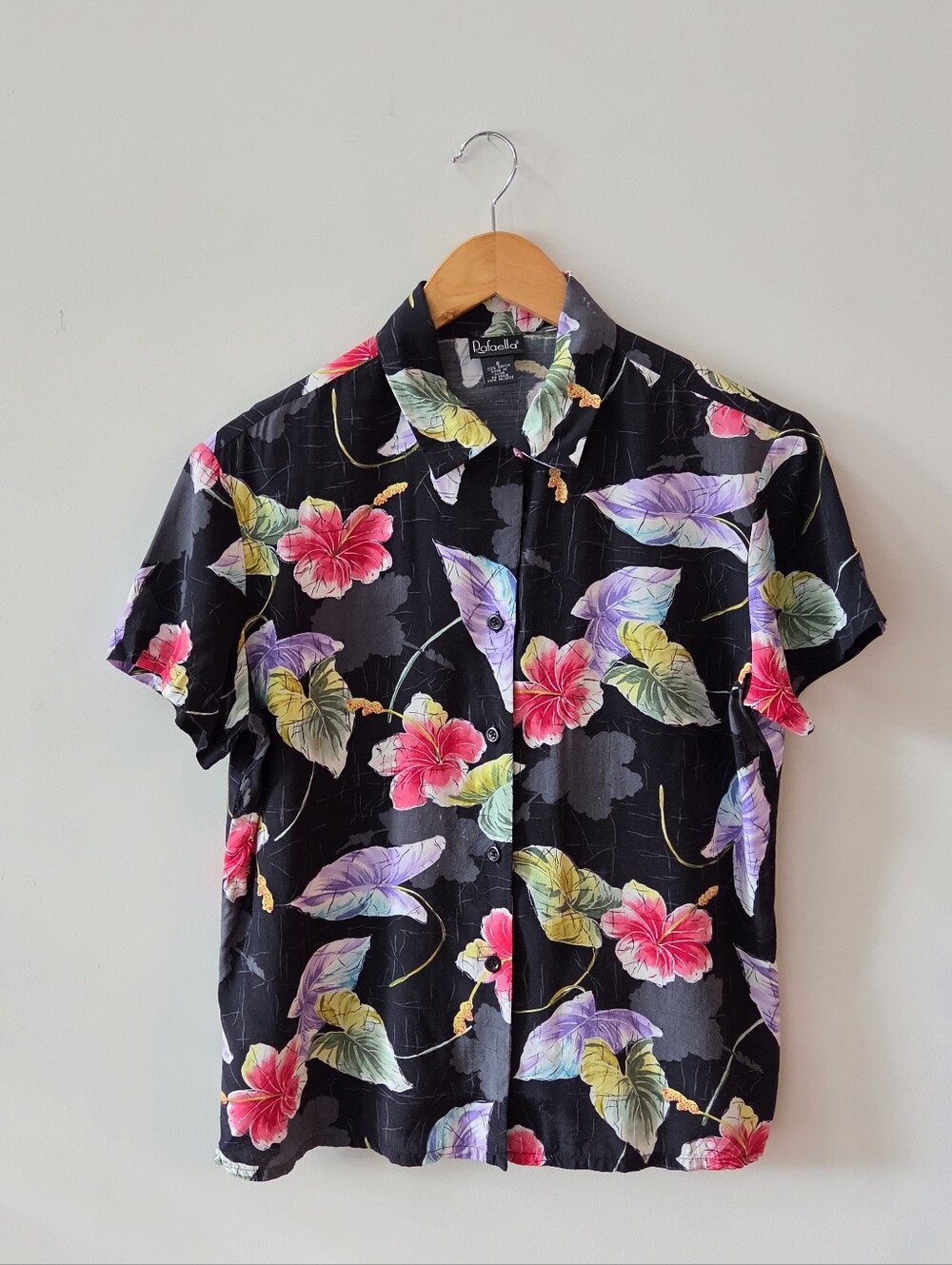 Vintage 90s Rafaella Rayon Hawaiian Shirt S Black Floral Hibiscus Tropical